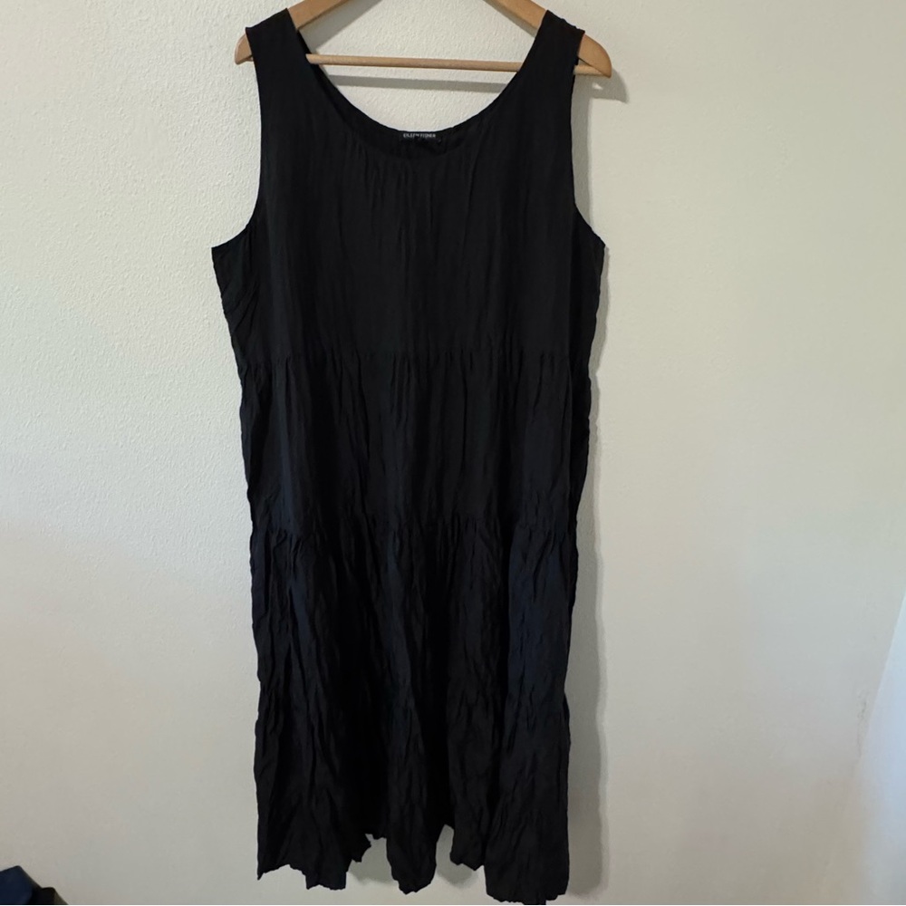 Eileen Fisher Crushed Silk Tiered Dress Black Sleeveless Midi Lagenlook-XL - Picture 2 of 9